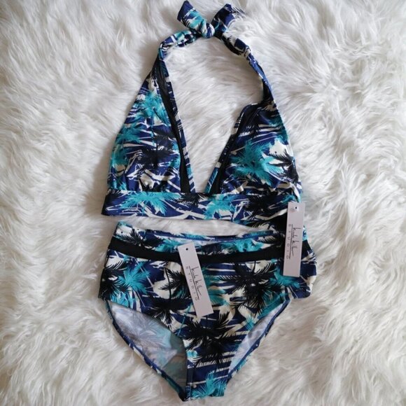 NWT Nicole Miller Bikini Set Size 8 (Medium) Black Blue Tropical Bathing Suit - Picture 1 of 5